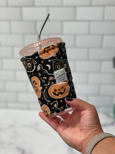 Cats and Pumpkins Print Iced Coffee Cozy | Drink Sleeve | Halloween Cozy
