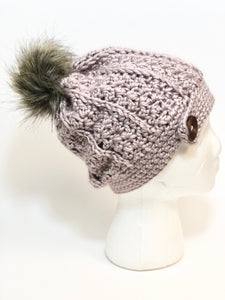 Crochet cable slouchy Beanie with faux fur Pom Pom