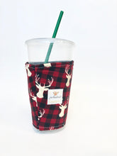 Buffalo Check Deer Print Iced Coffee Cozy. Drink Sleeve.