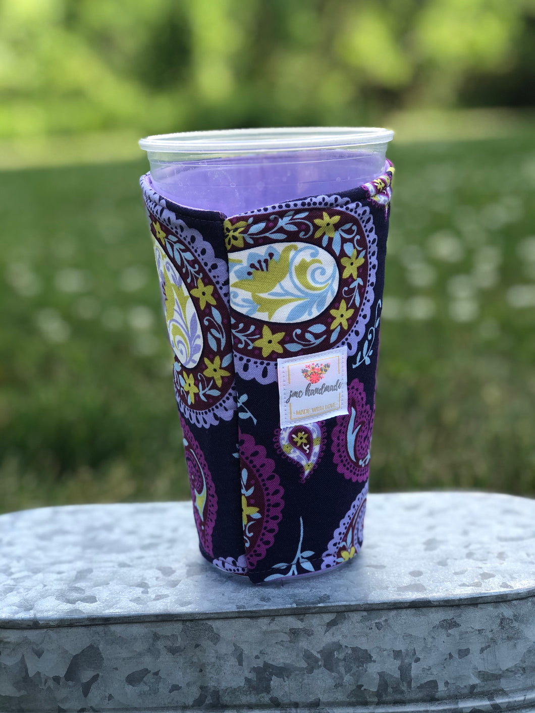 Jumbo purple paisley Iced Coffee Cozy. Drink Sleeve | RTS