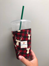 Buffalo Check Deer Print Iced Coffee Cozy. Drink Sleeve.