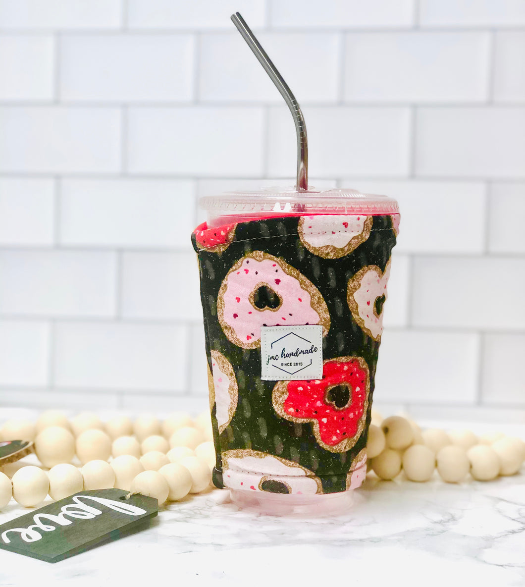 Donut Heart Print Iced Coffee Cozy | Drink Sleeve |