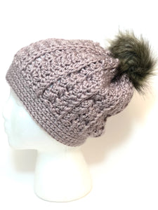 Crochet cable slouchy Beanie with faux fur Pom Pom