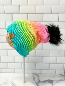 Rainbow Knit Beanie | Black Faux Pom